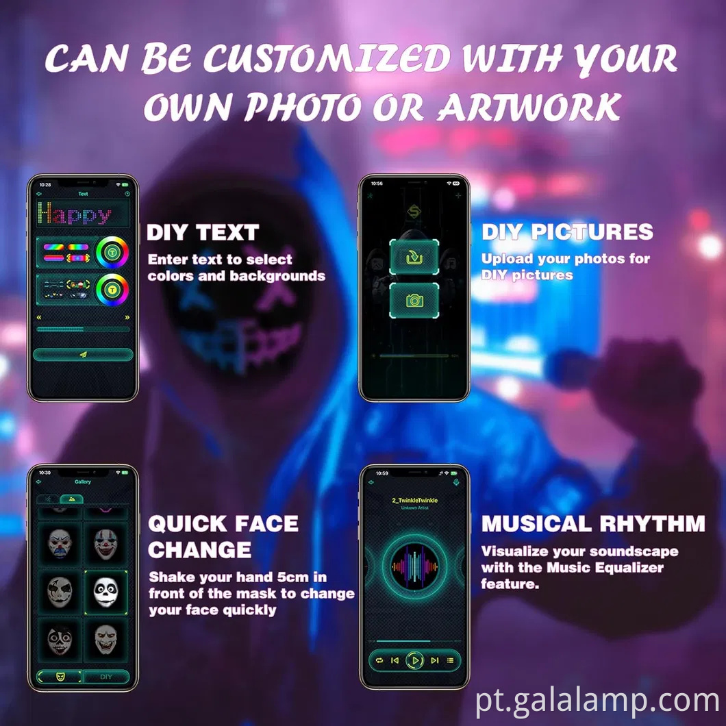 Máscara de LED compatível com Bluetooth personalizável com controle de aplicativo recarregável